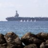 The USS Gerald R. Ford is anchored in the Bay of Palma after arriving to Spain's Palma de Mallorca on Oct. 3, 2025. The world's largest aircraft carrier is due to arrive in the northern Caribbean on Sunday as tensions with Venezuela grow.