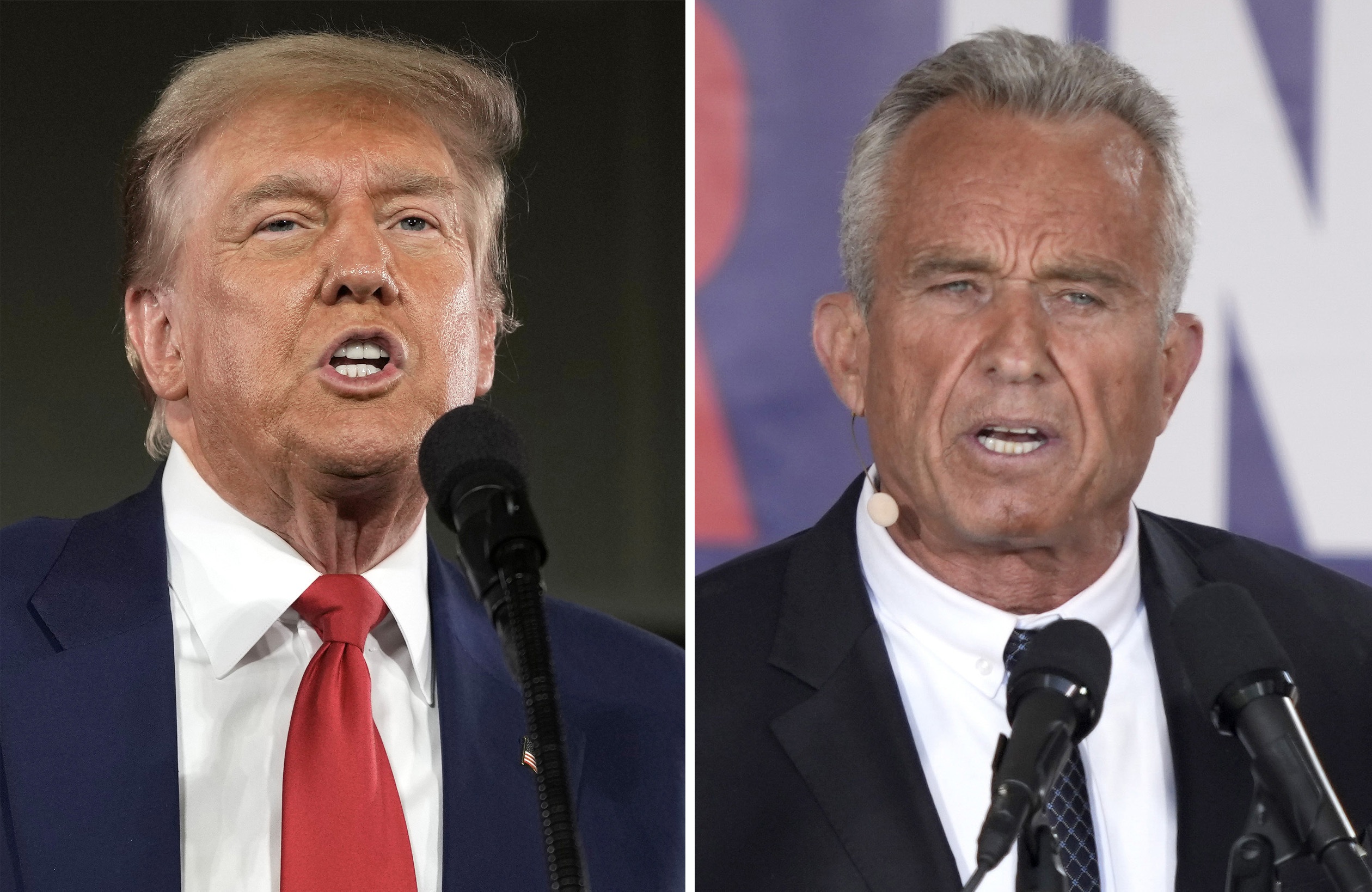 This combination photo shows Republican presidential candidate and former President Donald Trump at a campaign rally on May 1 in Waukesha, Wis., left, and presidential candidate Robert F. Kennedy Jr. during a campaign event, Oct. 9, 2023, in Philadelphia. Trump is addressing the Libertarian National Convention Saturday, courting a segment of the conservative electorate that's often skeptical of the former president's bombast while trying to ensure attendees aren't drawn to independent White House hopeful Kennedy Jr. (AP)