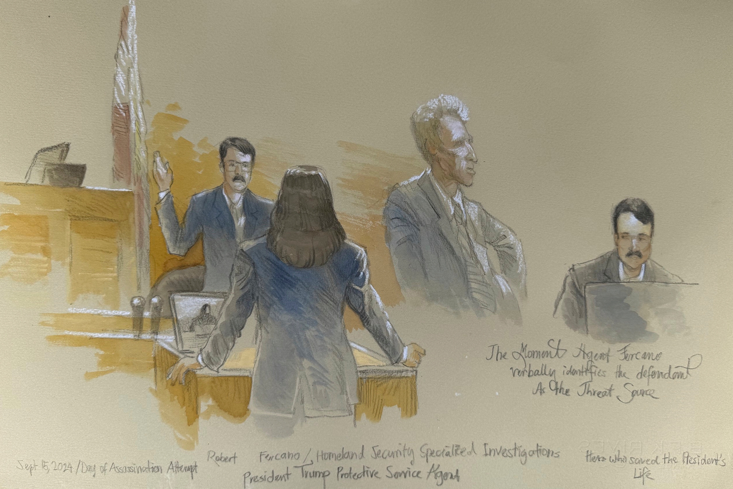 This courtroom sketch shows Secret Service agent Robert Fercano identifying the defendant on Sept. 11, 2025 in the trial of Ryan Routh, who is charged with attempting to assassinate Donald Trump last year at a golf course in South Florida.