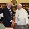 Pope Francis exchanges gifts with US President Donald Trump (C) and US First Lady Melania Trump during a private audience at the Vatican on May 24, 2017. US President Donald Trump met Pope Francis at the Vatican today in a keenly-anticipated first face-to-face encounter between two world leaders who have clashed repeatedly on several issues.