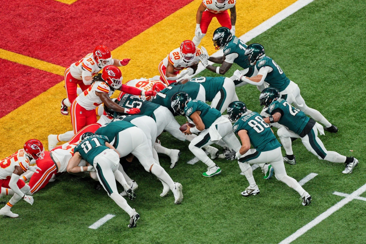 Philadelphia Eagles quarterback Jalen Hurts scores a touchdown on a tush push during Super Bowl LIX against the Kansas City Chiefs in February.