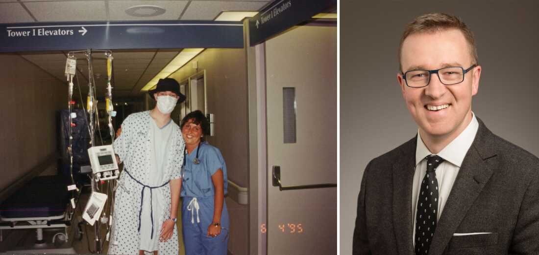 Brendan Harley at 17 is shown in a hospital gown and mask holding onto an IV pole in the hallway of a hospital. A smiling nurse in scrubs is hugging him. At right is a professional headshot of Harley as a healthy adult.