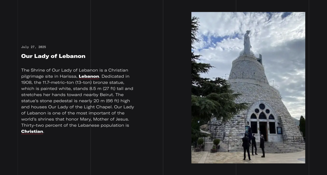 A World Factbook "Fact of the Day" entry from 2025 shows the Shrine of Our Lady of Lebanon, a Christian pilgrimage site near Beirut.