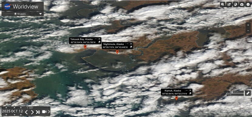 Satellite imagery shows widespread inundation along the Kuskokwim Delta Coast caused by ex-Typhoon Halong on Oct. 12, 2025.