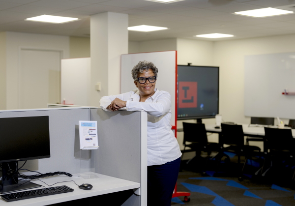 Marsha Hill, founder and executive director of Families for Fitness Inc., poses for a portrait in the Small Business and Nonprofit Workspace at Toledo Lucas County Public Library in Toledo, Ohio on Oct. 3, 2024.