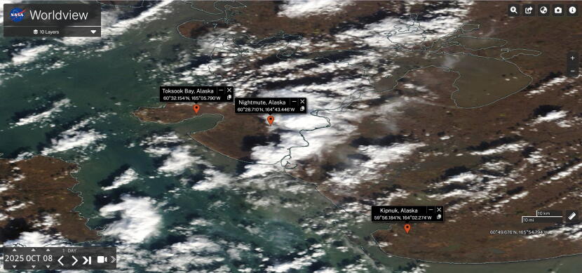 Satellite imagery shows the Kuskokwim Delta coast on Oct. 8, 2025, four days before ex-Typhoon Halong struck the region.