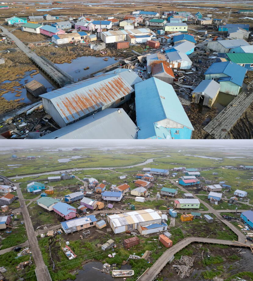 Drone photos show damage in the center of Kipnuk on Oct. 19, 2025 (above), and some of what had been repaired as of Aug. 11, 2026 (below).