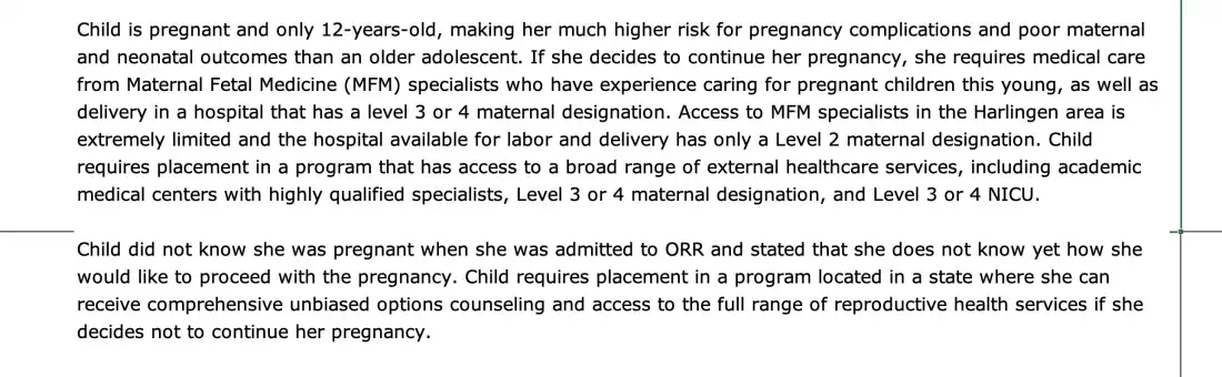An excerpt from an Office of Refugee Resettlement record detailing the transfers of pregnant unaccompanied minors out of Texas to get medical care, obtained through a Freedom of Information Act request.