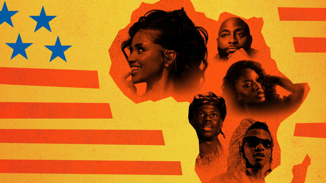A few of the stars of African pop's recent westward expansion. Clockwise from top left: Tyla, Davido, Ayra Starr, Wizkid, Rema.