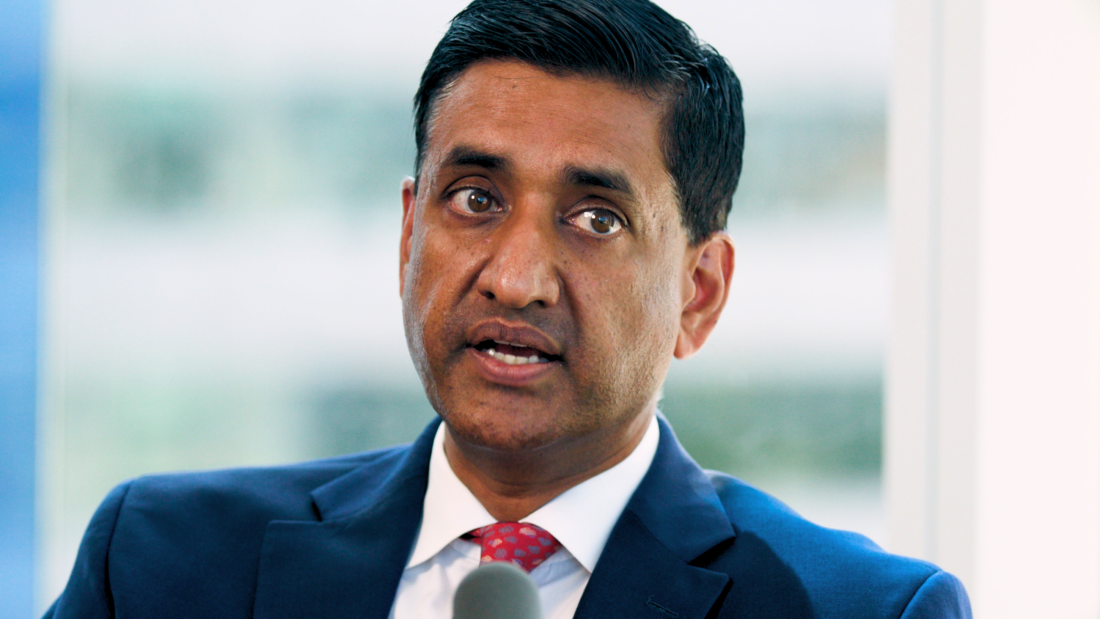 Congressman Ro Khanna sits for an interview with NPR's Newsmakers. He is seen from the shoulders up in a blue suit.