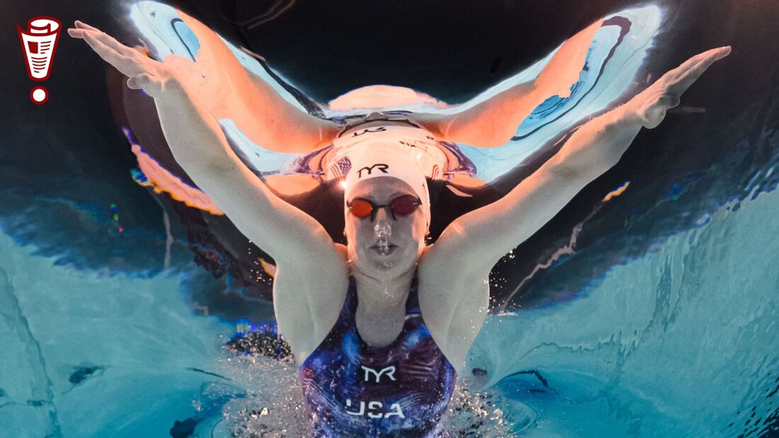 An underwater view shows US' Lilly King competing in a heat of the women's 200m breaststroke swimming event during the Paris 2024 Olympic Games at the Paris La Defense Arena in Nanterre, west of Paris, on July 31, 2024. (Photo by Fran&ccedil;ois-Xavier MARIT / AFP) (Photo by FRANCOIS-XAVIER MARIT/AFP via Getty Images)
