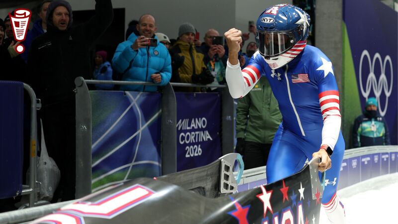 Gold medalist Elana Meyers Taylor of Team United States celebrates after winning the Women's Monobob Bobsleigh Heat 4 on day ten of the Milano Cortina 2026 Winter Olympic games at Cortina Sliding Centre on February 16, 2026 in Cortina d'Ampezzo, Italy. (Photo by Julian Finney/Getty Images)