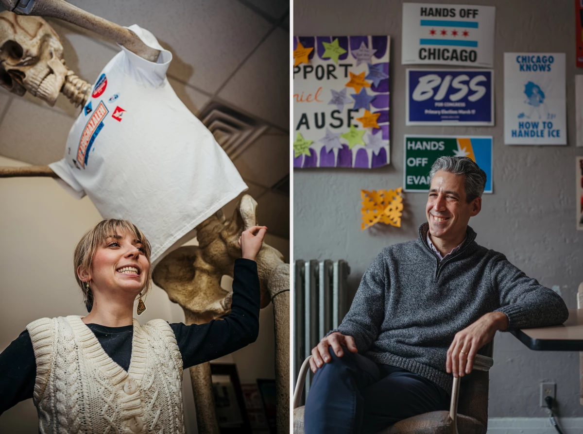 At right, Kat Abughazaleh, a 26-year-old former journalist and content creator and at left, Evanston mayor Daniel Biss, are running in the Democratic primary for Illinois' 9th congressional district.