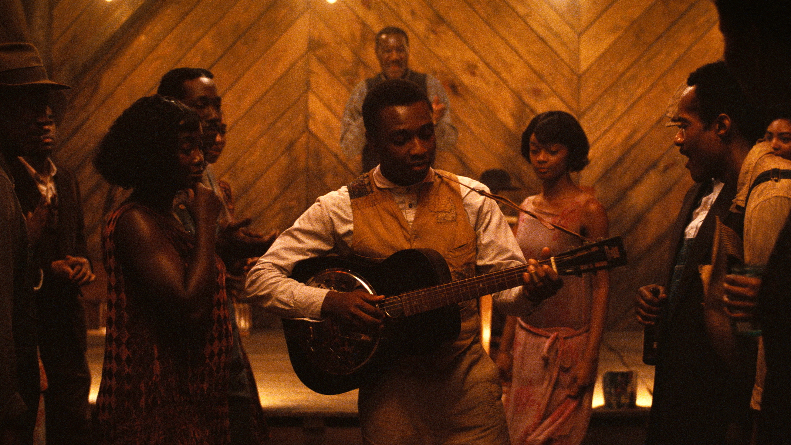 Miles Caton as aspiring bluesman Sammie Moore in a pivotal scene from <em>Sinners</em>.