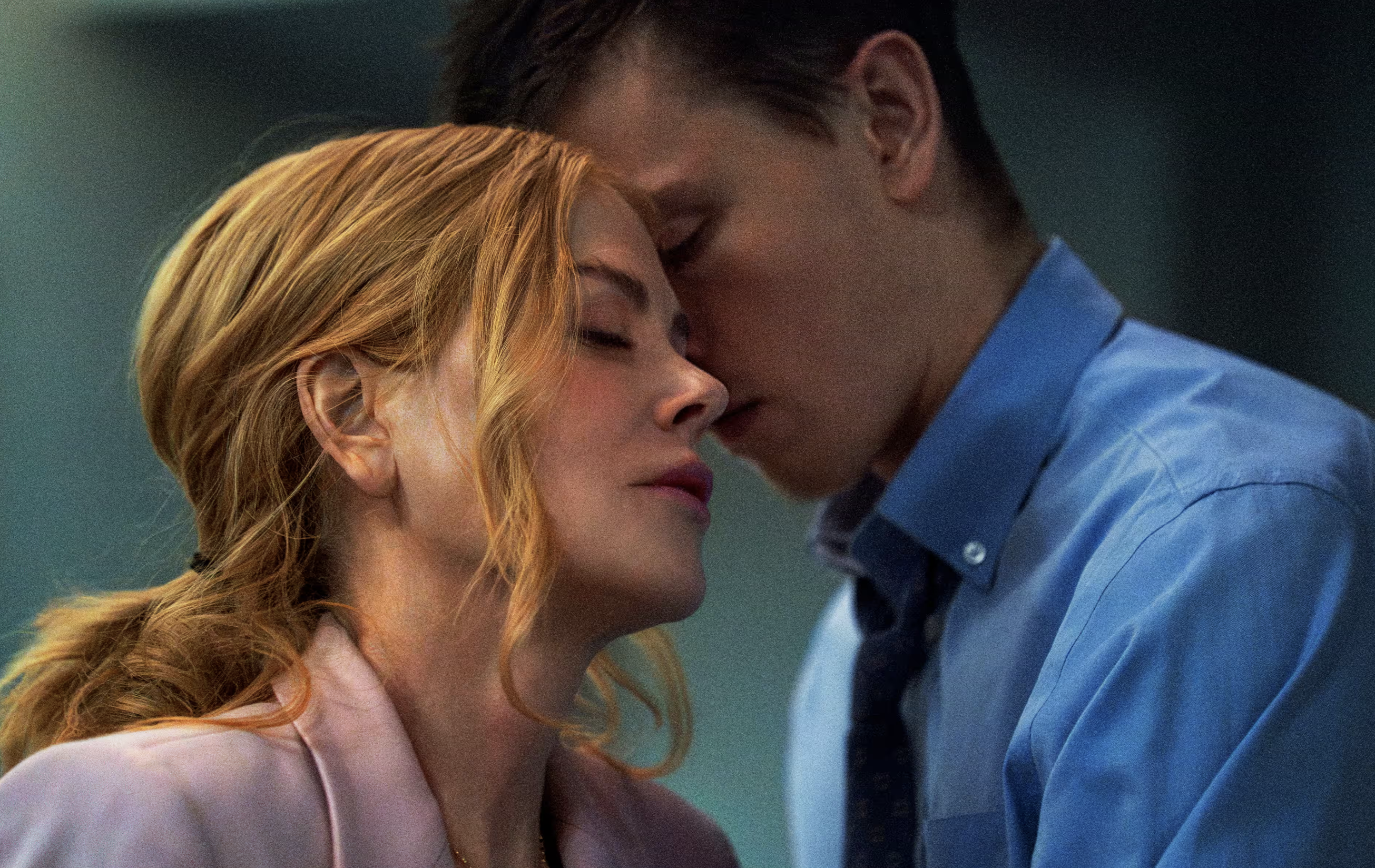 Nicole Kidman plays the CEO of a high-tech shipping company, and Harris Dickinson is her intern, in <em>Babygirl</em>.