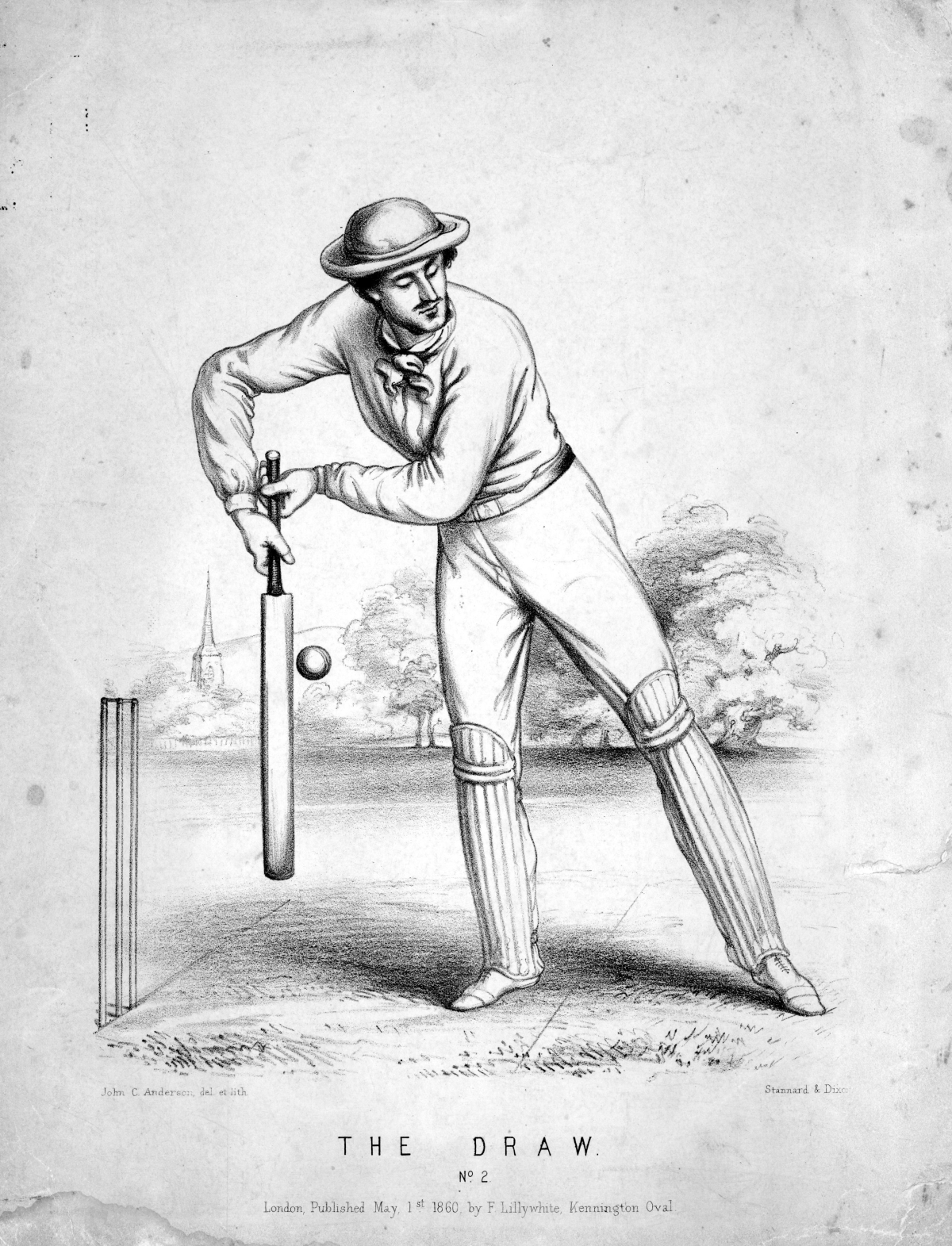 A gentleman playing cricket, depicted in a drawing by John C. Anderson from 1860.