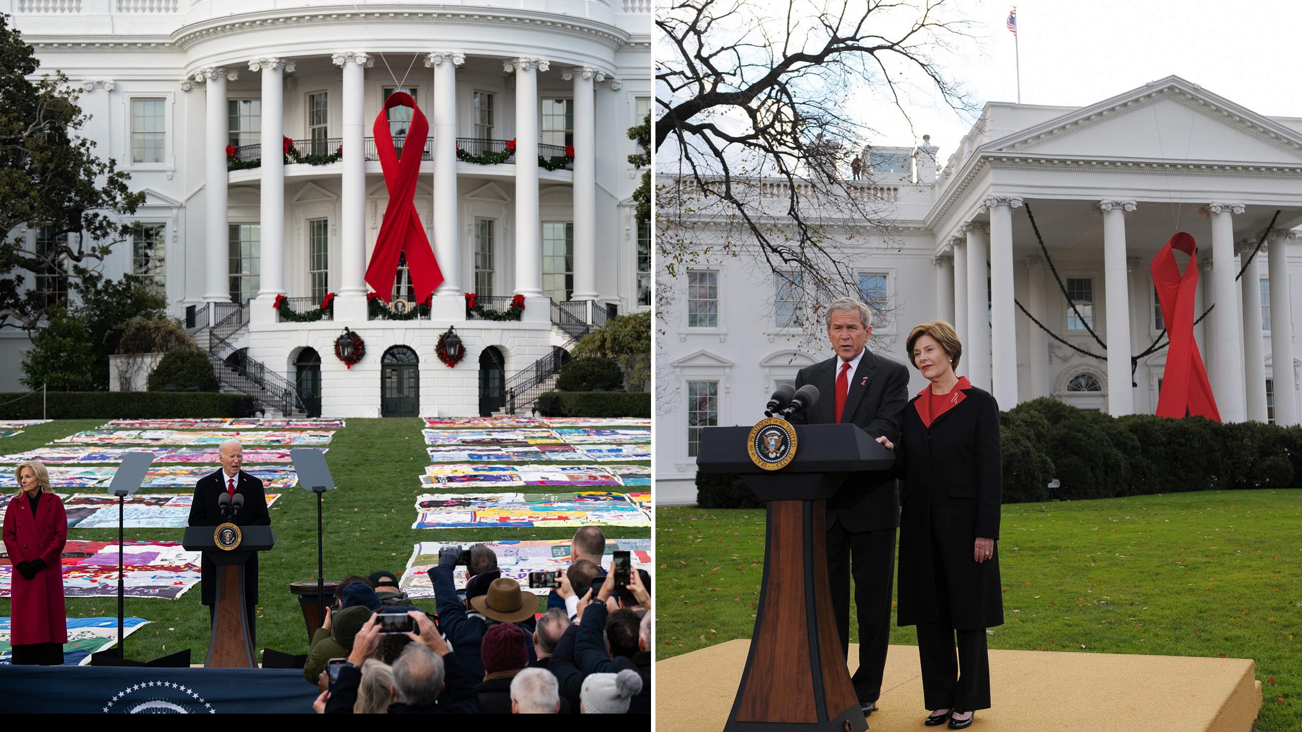 The U.S. has marked World AIDS Day — the first global day dedicated to a health issue — since its creation in 1988. From left: President Joe Biden delivers remarks at a World AIDS Day event on the South Lawn at the White House on December 1, 2024. President George W. Bush with First Lady Laura Bush commemorate World AIDS Day on December 1, 2008 on the North Lawn of the White House.
