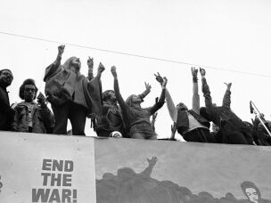 Cast members of the play <em>Hair</em> join activist and Southern Christian Leadership Conference co-founder Rev. Ralph Abernathy (second from left) during an anti-war rally in San Francisco's Golden Gate Park on Nov. 15, 1969.