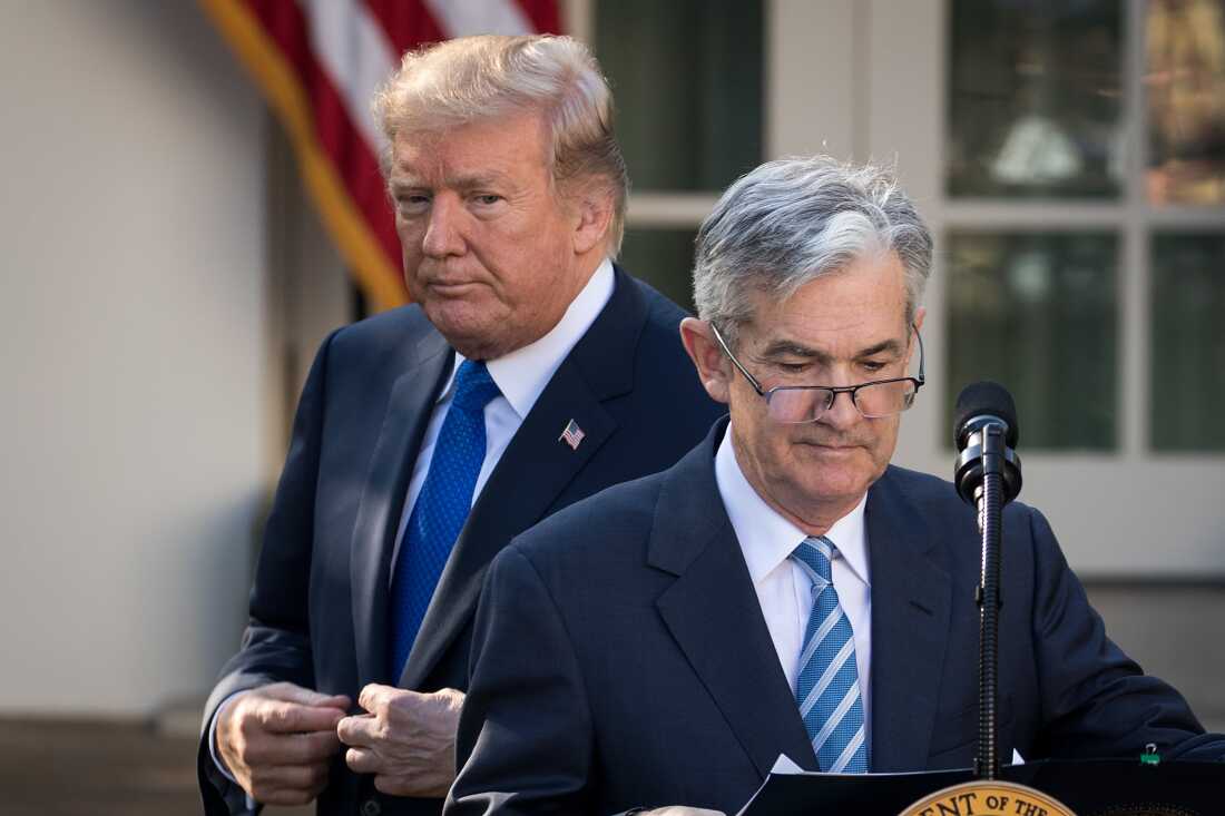 Trump stands behind Jerome Powell, whom he had just nominated to chair the Federal Reserve, at a press event in the Rose Garden of the White House in Washington, D.C., on Nov, 2, 2017 during the president's first term.