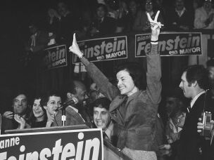 Dianne Feinstein, named mayor following the assassination of late Mayor George Moscone in San Francisco, won the office in her own right beating challenger Quentin Kopp by a large majority on Dec. 12, 1979. With her on the victory platform are, from left, Moscone's widow, Gina Moscone, Assemblyman Willie Brown and Feinstein's fiancé, Richard Blum. Feinstein, who was the first woman to serve as mayor of San Francisco, went on to become the longest-serving member of the U.S. Senate.