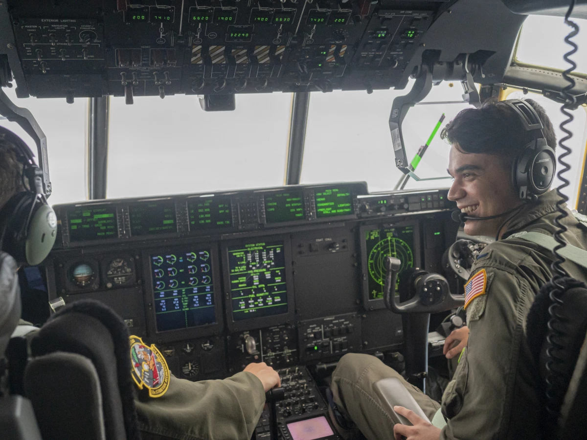 First Lt. Zach McDermott pilots a Hurricane Hunter training flight over the Gulf of Mexico.