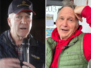 This combination photo shows Sen. Dan Sullivan, R-Alaska, left, in Palmer, Alaska, Aug. 17, 2026, and a candidate in Alaska's Senate race, Dan Sullivan, right, in Petersburg, Alaska, July 3, 2026.