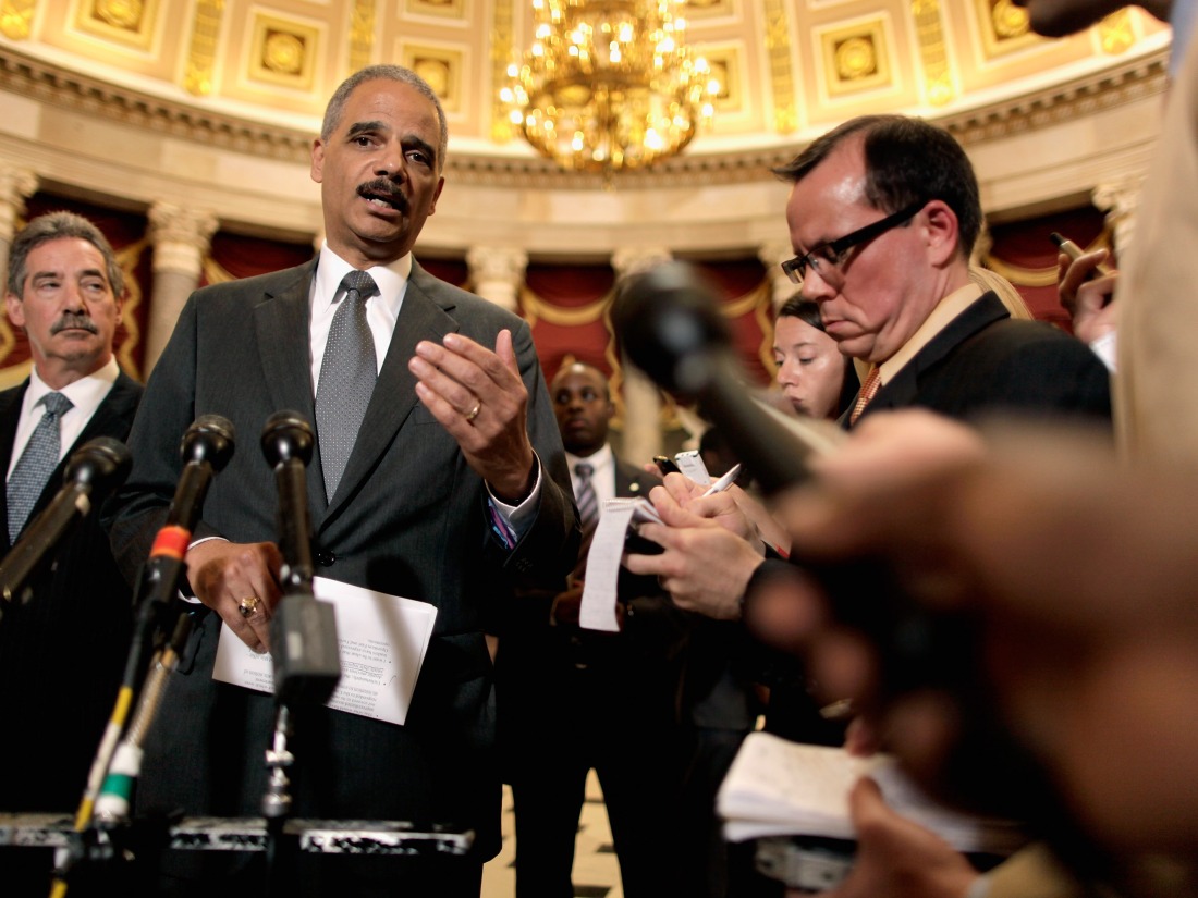 Attorney General Eric Holder talks to reporters after meeting with House Oversight and Government Reform Committee Chairman Darrell Issa in the U.S. Capitol June 19, 2012 in Washington, D.C. Issa and Holder did not appear to find any more common ground about the release of documents and the committee plans to move forward with a vote to hold Holder in contempt of Congress.