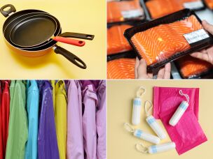 From left to right, counter-clockwise: Nonstick pans, packaged salmon, menstrual products and waterproof gear like rain jackets may contain PFAS.