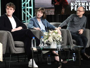 FILE - From left, Paul Mescal, Sally Rooney and Ed Guiney participate in Hulu's
