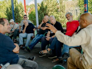 A delegation of retired Israeli military and government officials meet with Eid Salem (right), a local community leader, in the Palestinian village of Umm al-Kheir in the Israeli-occupied West Bank, on Sept. 24, 2026.