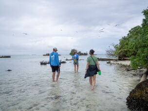 Alex Wegmann, Dana Sabine and Katie Franklin of The Nature Conservancy head to a seabird colony.