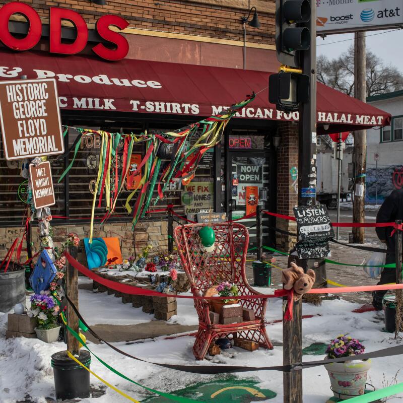 The George Floyd Memorial in south Minneapolis sits near the site where Renée Good was shot dead by a federal agent during an ICE operation in a neighborhood with a large immigrant population now the focus of ongoing enforcement and protest activity; Minneapolis, Minnesota, Jan.20, 2026. Photographed by Erin Trieb for NPR.