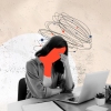 In this photo illustration, a woman sits at a desk in front of a laptop computer. She's leaning forward, with her left elbow on the desk and her left hand supporting her forehead.