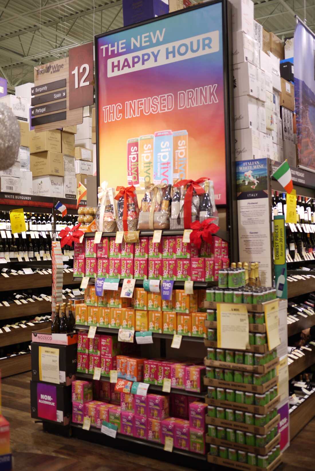 A display of THC drinks at Total Wine and More in Arlington, Va., includes a sign that says "The New Happy Hour."