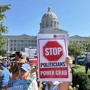 People opposed to a congressional redistricting plan rally outside the Missouri Capitol in Jefferson City, Mo., earlier this month.