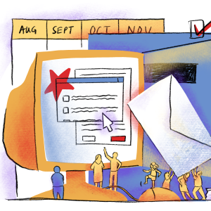 Illustration showing different methods of voter registration — in person, on paper, via the mail, online