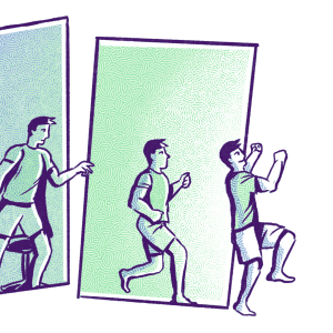 An illustration of an Asian man with short black hair wearing a t-shirt and shorts. In a sequence of moves, he stands up from his desk and jumps out of bounds of the comic panel and off the page. 