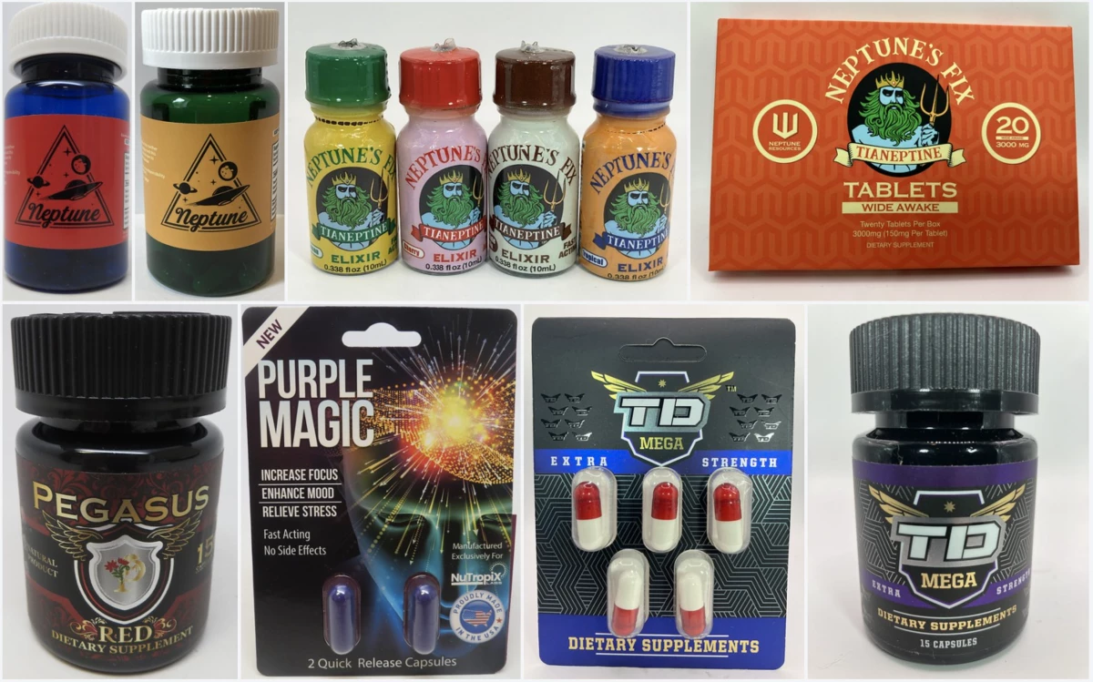 An image released by the FDA shows bottles containing tianeptine and other compounds. Authorities have urged gas station store owners and others not to sell the products, with names like Neptune's Fix, Za Za and Tianaa, citing serious health risks.