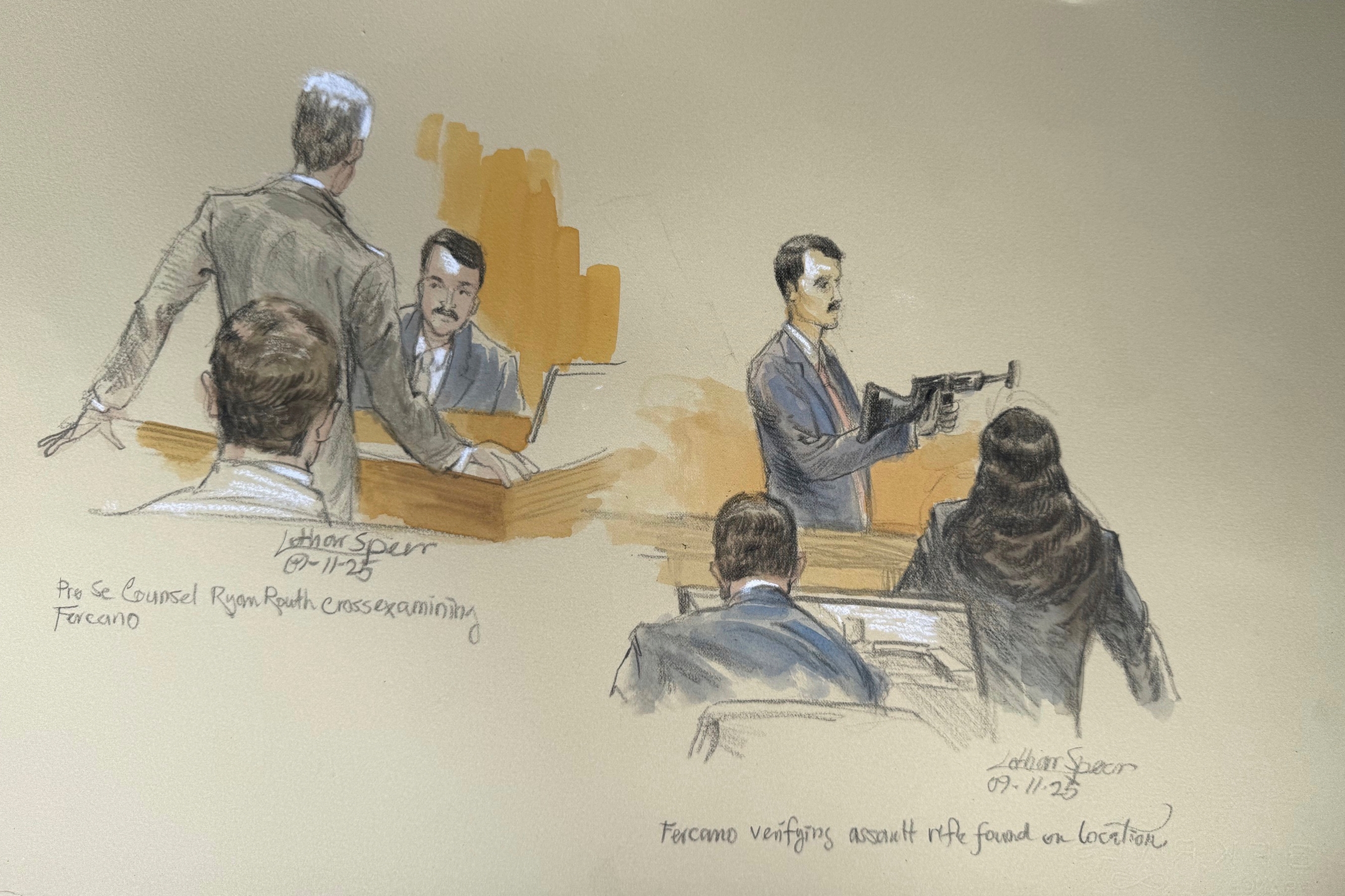 This courtroom sketch shows Secret Service agent Robert Fercano holding up the weapon found in the bushes during opening statements Sept. 11, 2025 in the trial of Ryan Routh, who is charged with attempting to assassinate Donald Trump last year at a golf course in West Palm Beach, Fla.