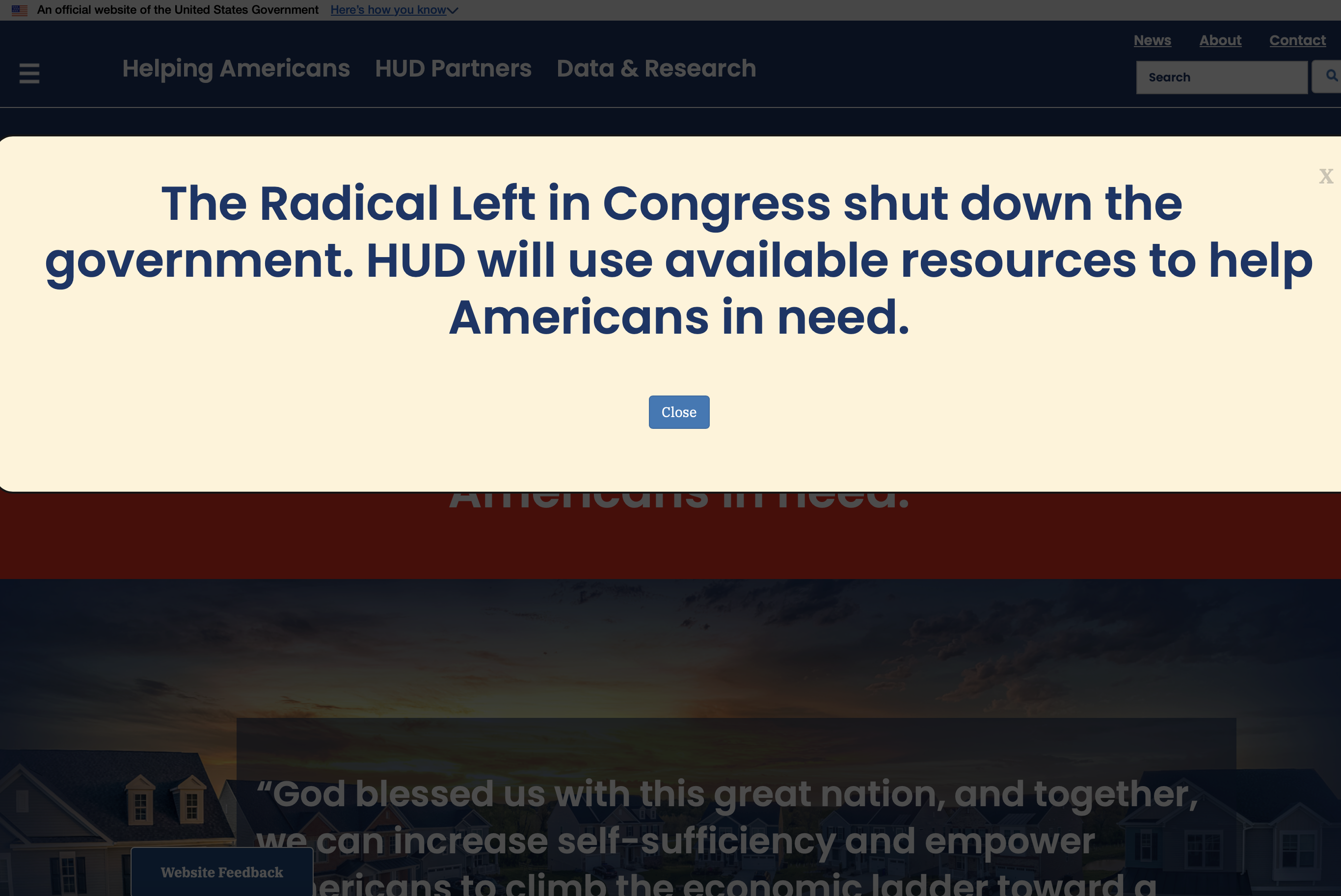 The website for the Department of Housing and Urban Development features a banner and pop-up message blaming the "Radical Left" for the federal government shutdown. (HUD.gov)