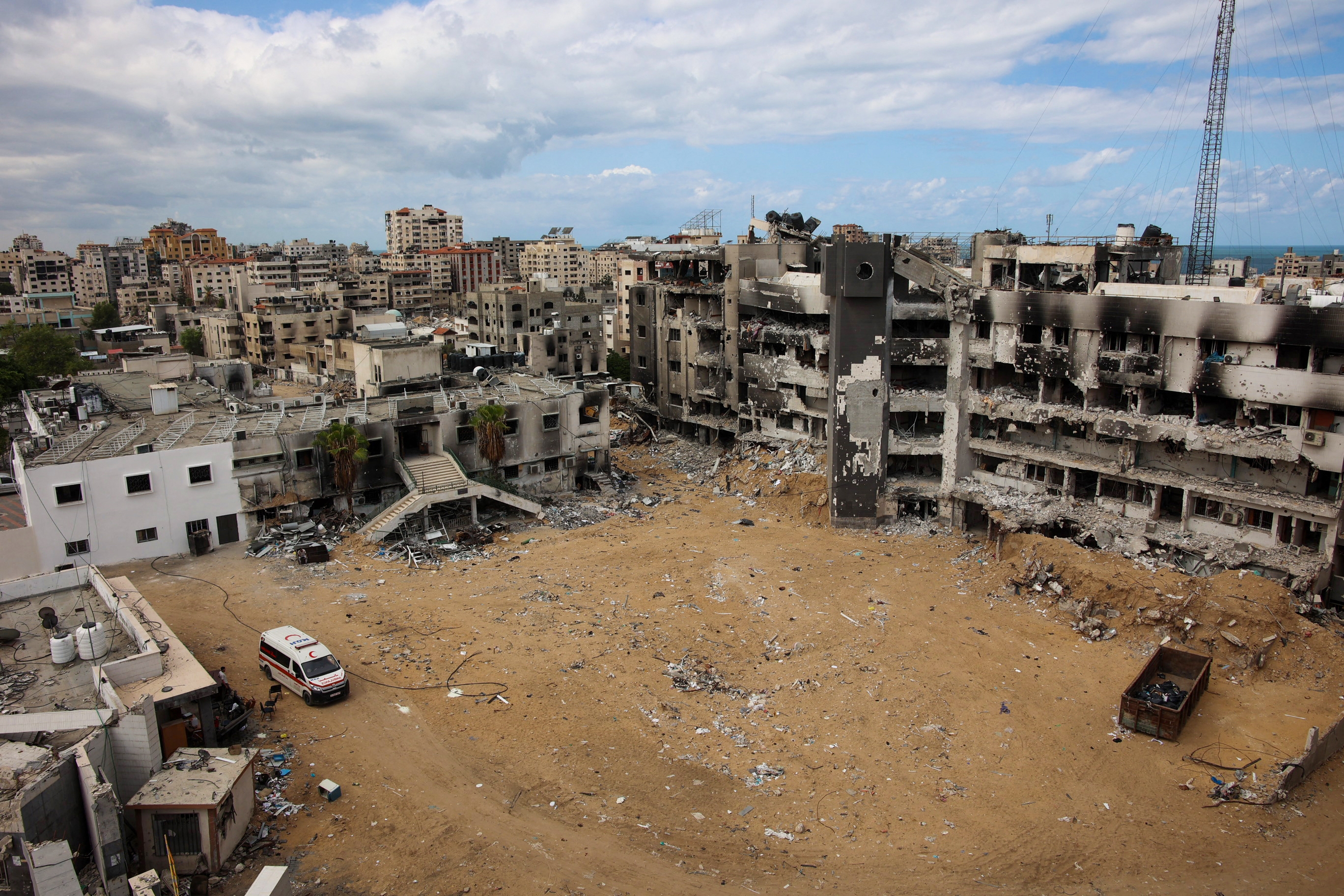 A view of Al-Shifa hospital in Gaza City on September 17, 2024, destroyed by Israeli attacks amid the ongoing war between Israel and Hamas. Israel asserted that Hamas militants were using the hospital for shelter and internet access. The U.N. called the destruction of the facility "the most horrific assault on Gaza