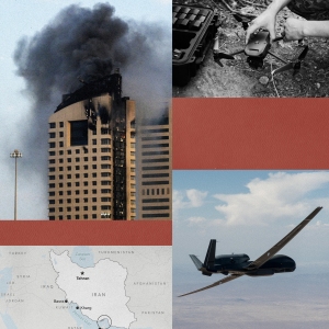 A collage of images including an Iranian-designed Shahed-136 drone flown by Russia in 2025smoke rising after drone strike in Port Sudan in 2025smoke billowing out of a high-rise building in Kuwait City on March 8a map of Iran and surrounding countriesa photo of a small commercial drone being used by a Ukrainian soldier in 2023 and a Global Hawk drone flying over California in 2023. 