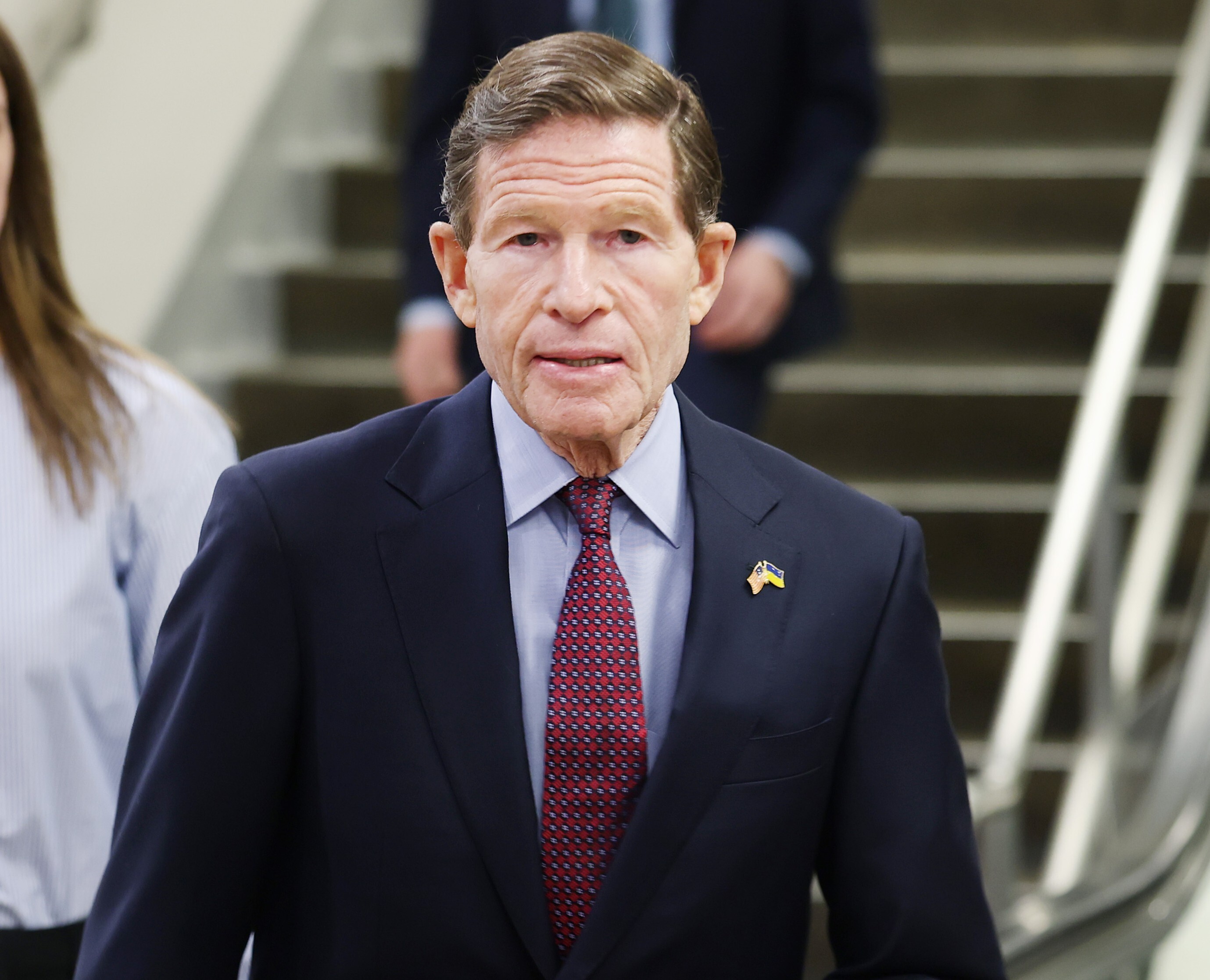 Sen. Richard Blumenthal speaks to reporters in the Senate subway of the U.S. Capitol during a vote on March 4, 2026, in Washington, DC.