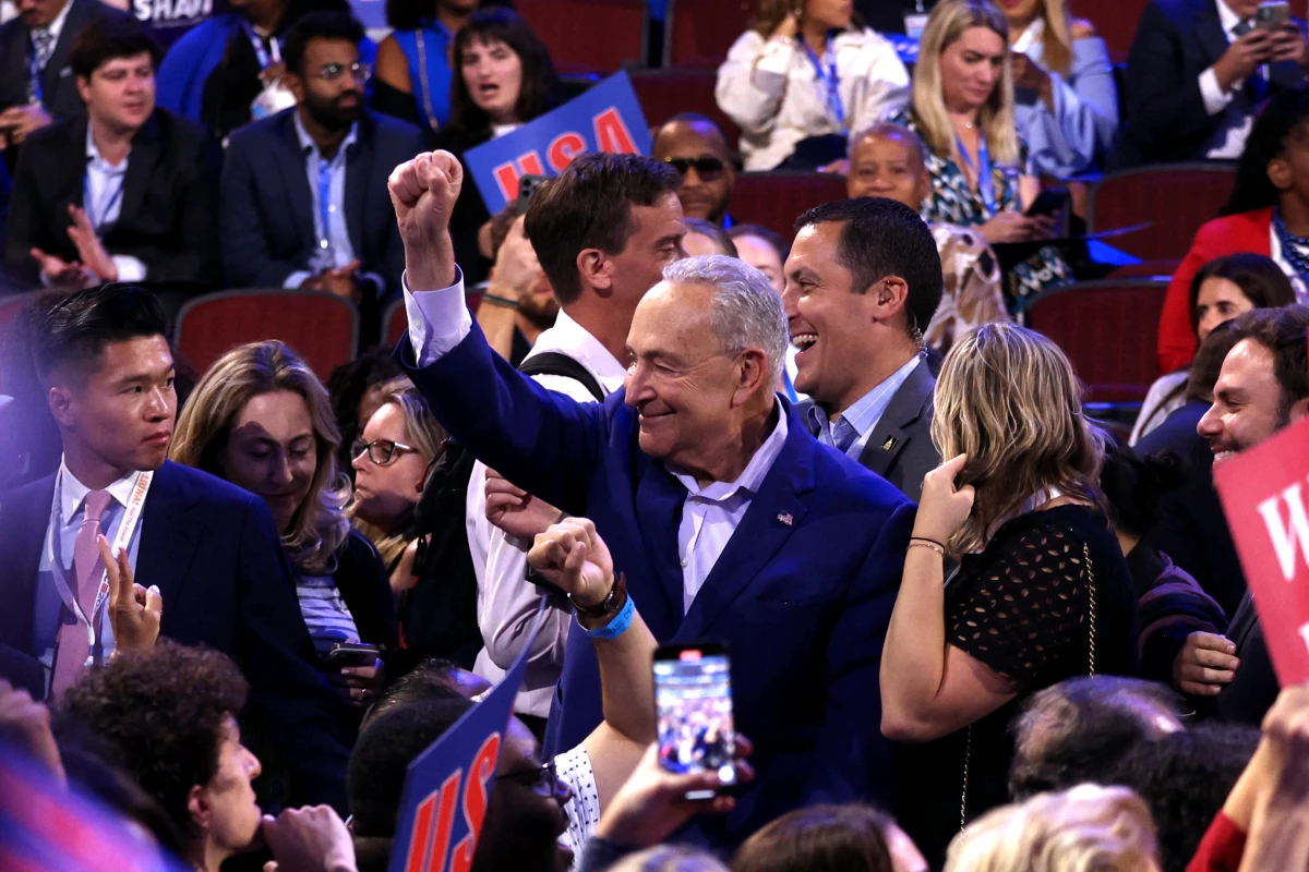 Senate Majority Leader Chuck Schumer gestures on the first day of the Democratic National Convention in Chicago on Monday.