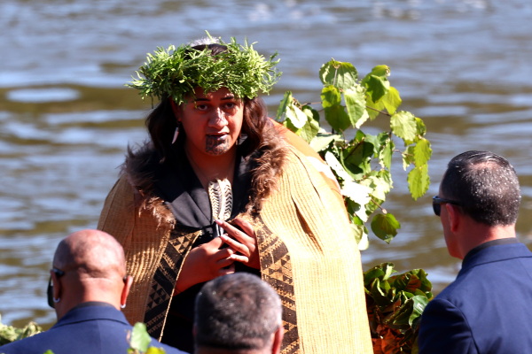 Maori Queen Nga Wai Hono i te Po is pictured by the river at her father's funeral ceremony on Thursday.