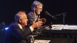 Minnesota Gov. Tim Walz and gubernatorial candidate Scott Jensen engage in a gubernatorial debate at the Fitzgerald Theater on Oct. 28, 2022, in St. Paul.