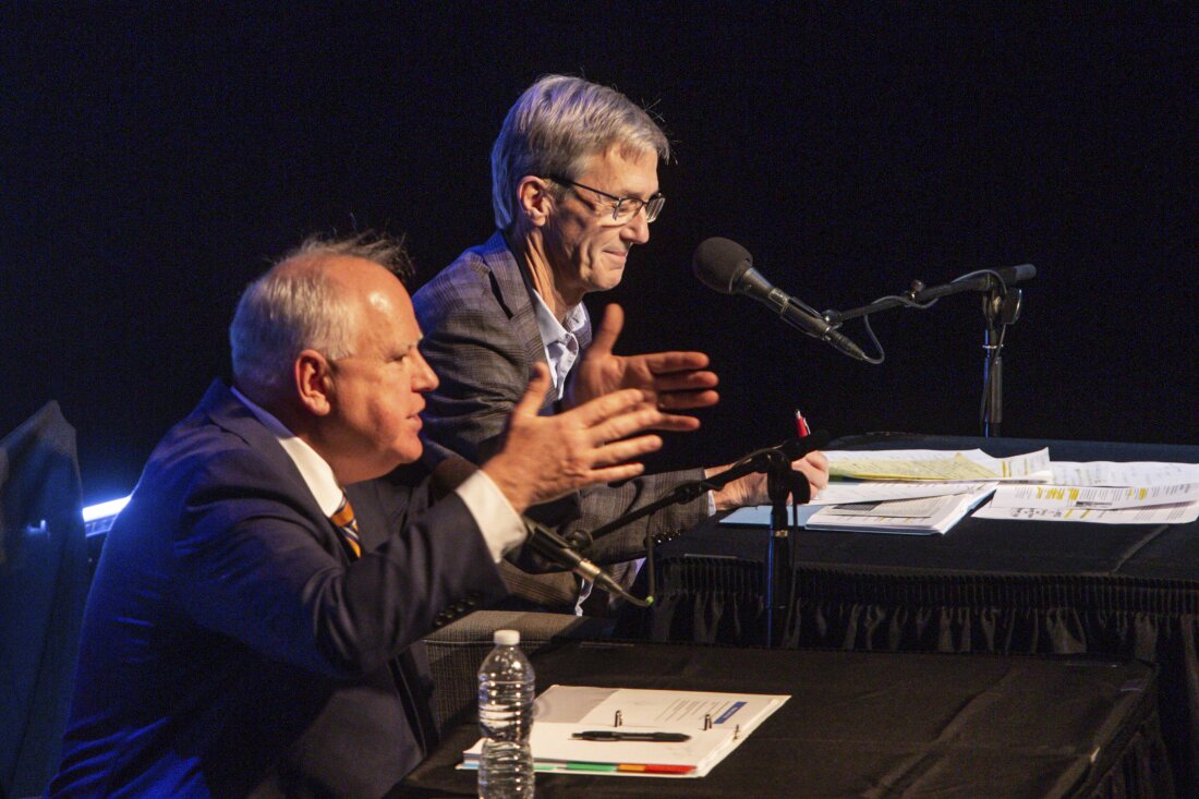 Minnesota Gov. Tim Walz and gubernatorial candidate Scott Jensen engage in a gubernatorial debate at the Fitzgerald Theater on Oct. 28, 2022, in St. Paul.