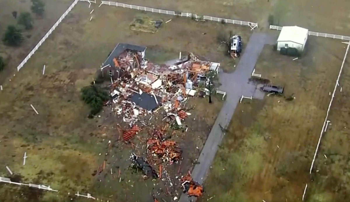 This image taken from video provided by KOCO shows damage caused by a tornado in a neighborhood near 89th and S. Sooner Road in North Moore, Okla., Sunday, Nov. 3, 2024.