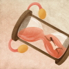 hourglass that also shows ovaries and a woman trapped inside, evoking concerns about menopause
