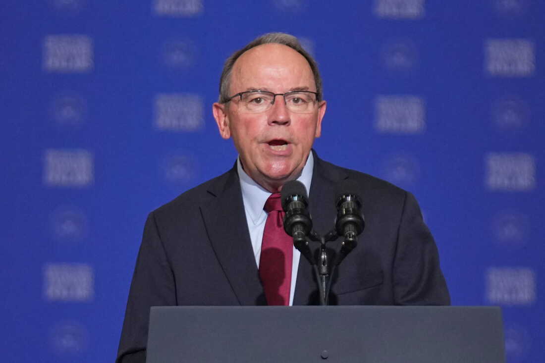 Rep. Tom Tiffany, R-Wis., speaks at the Wisconsin Air National Guard facility at Milwaukee Mitchell International Airport, July 8, 2026, in Milwaukee.